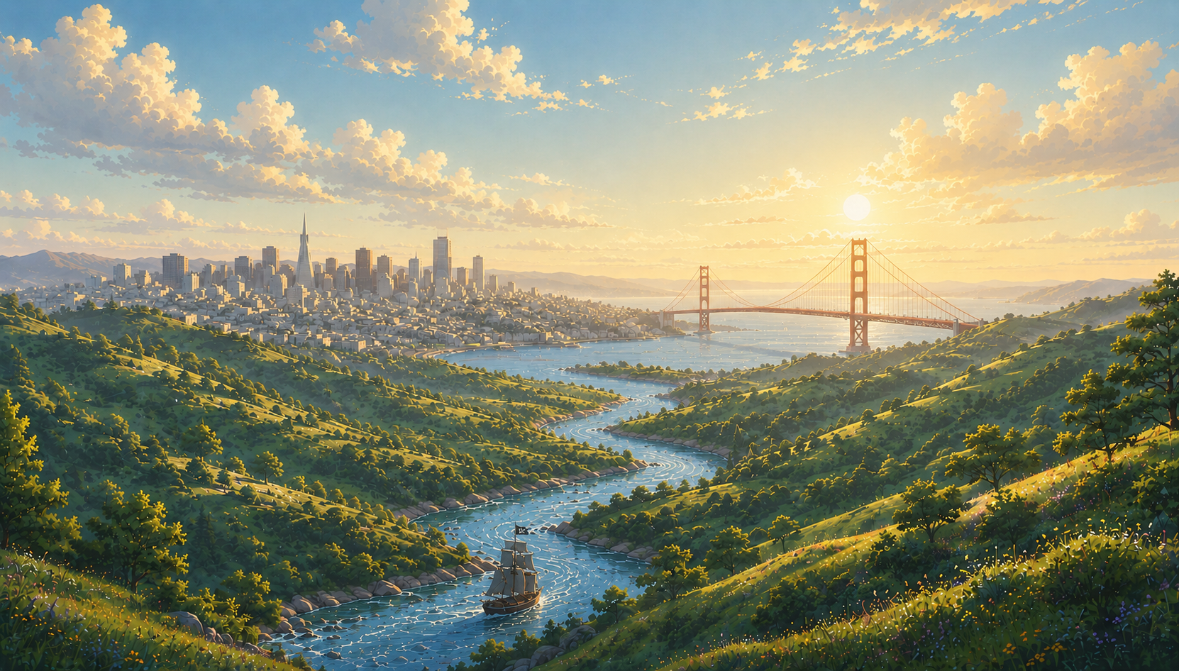 Painterly green valley with a river at sunrise